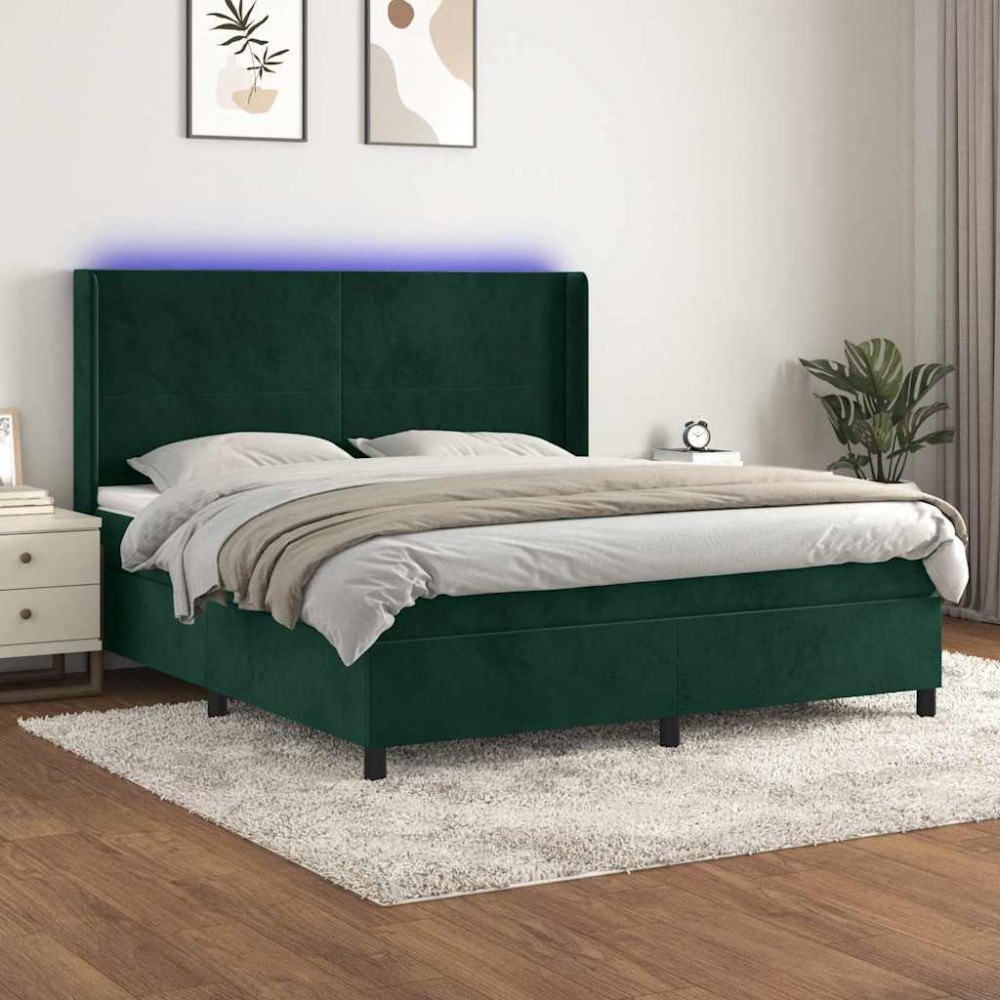 vidaXL Ramsäng med madrass & LED mörkgrön 180x200 cm sammet