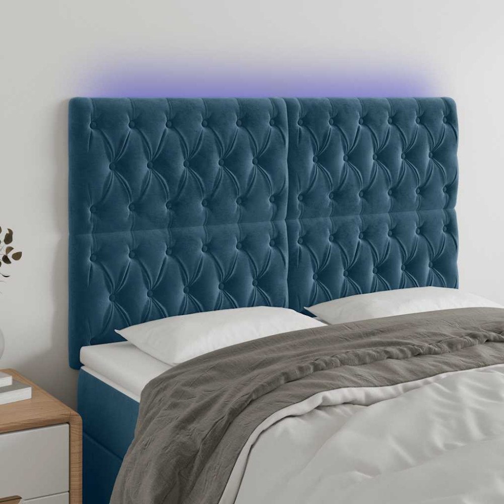 vidaXL Sänggavel LED mörkblå 144x7x118/128 cm sammet