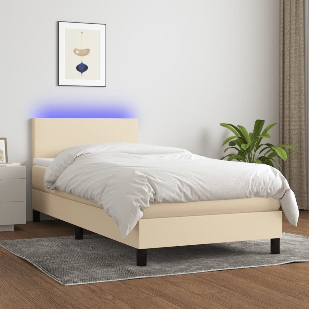 vidaXL Ramsäng med madrass & LED gräddvit 90x190 cm tyg