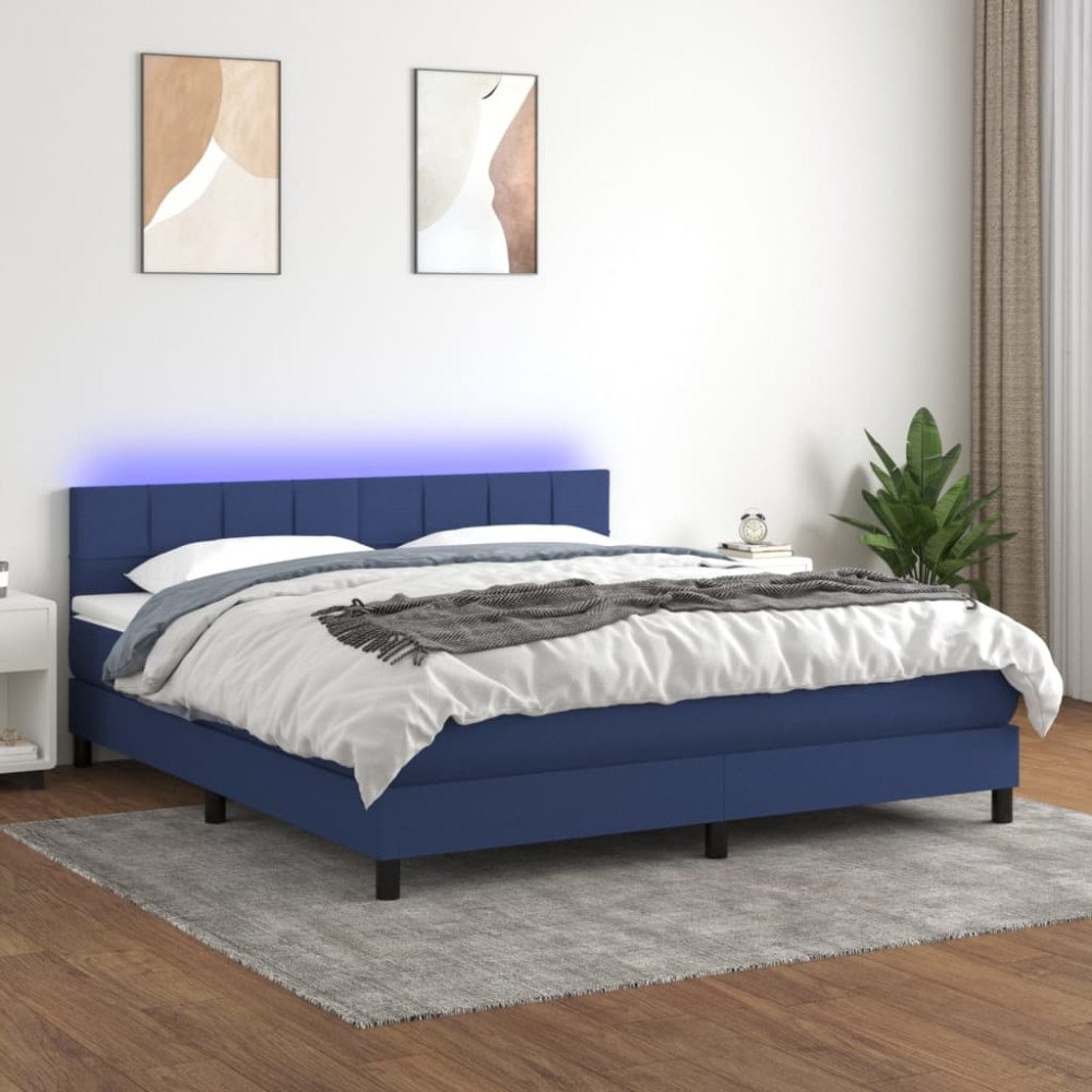 vidaXL Ramsäng med madrass & LED blå 160x200 cm tyg