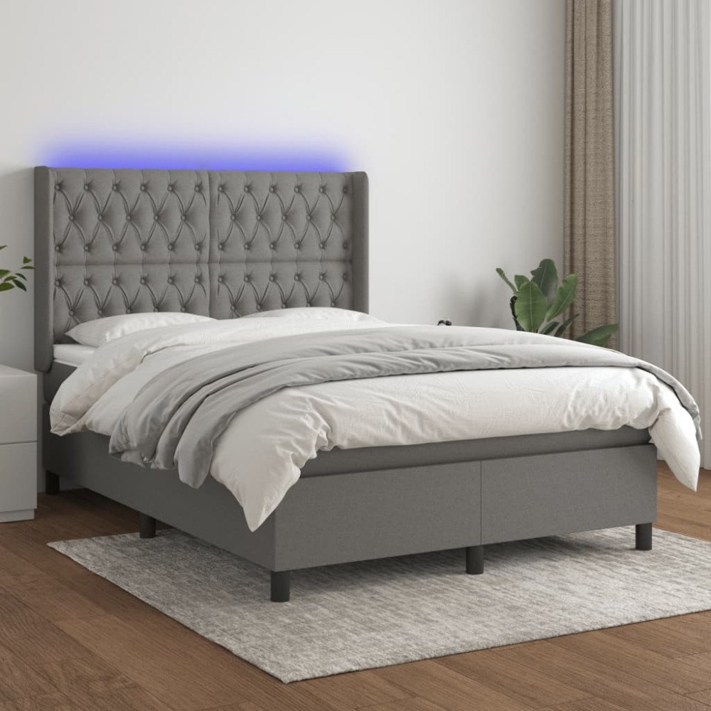 vidaXL Ramsäng med madrass & LED mörkgrå 140x190 cm tyg