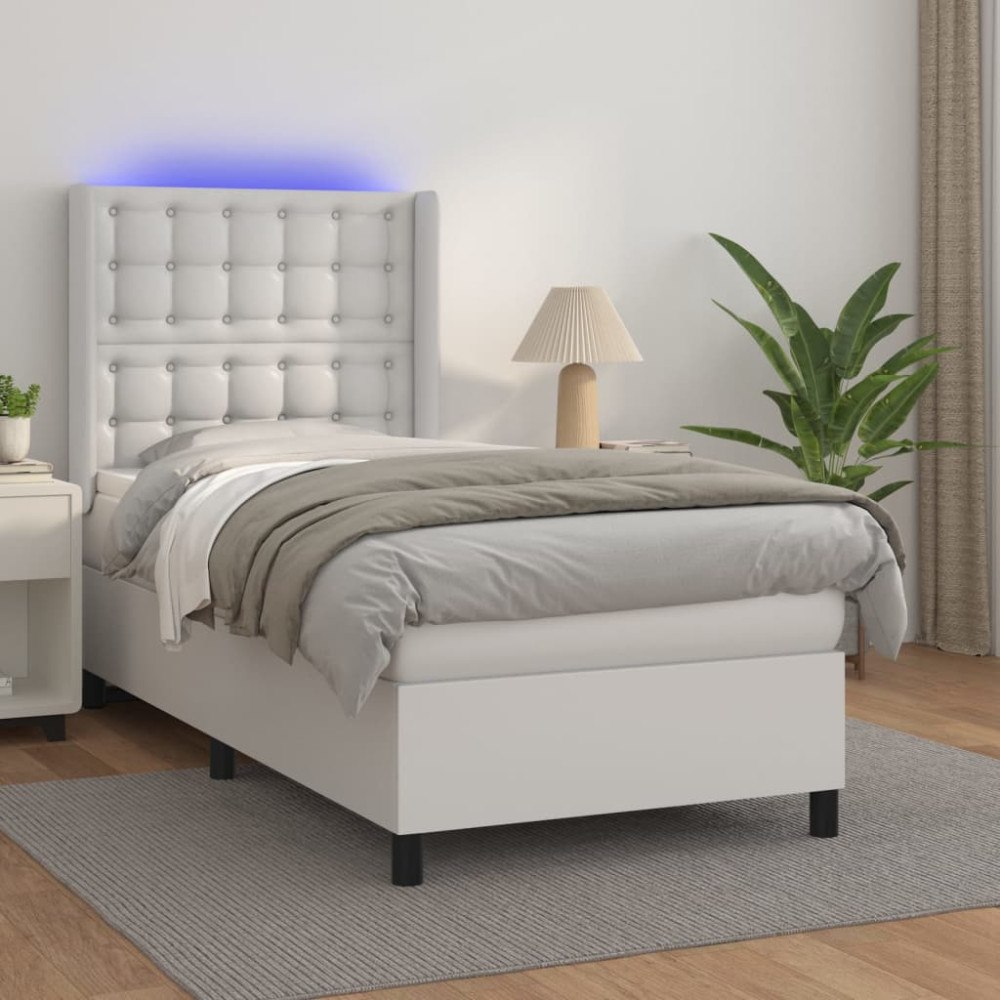 vidaXL Ramsäng med madrass & LED vit 100x200 cm konstläder