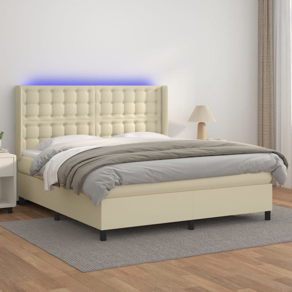 vidaXL Ramsäng med bäddmadrass & LED gräddvit 160x200 cm konstläder