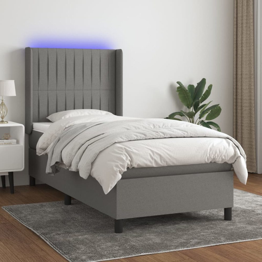 vidaXL Ramsäng med madrass & LED mörkgrå 90x190 cm tyg