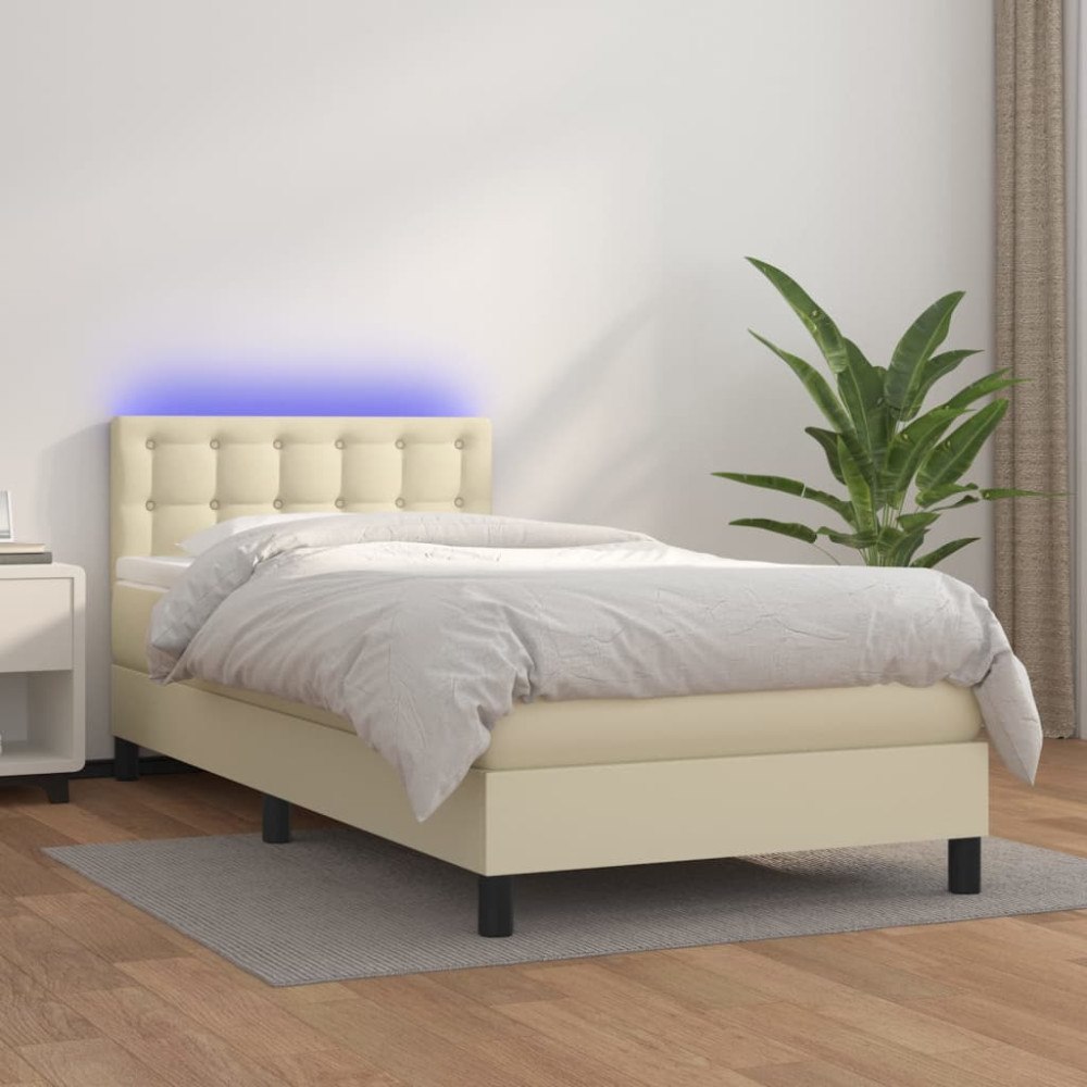 vidaXL Ramsäng med madrass & LED gräddvit 90x190 cm konstläder
