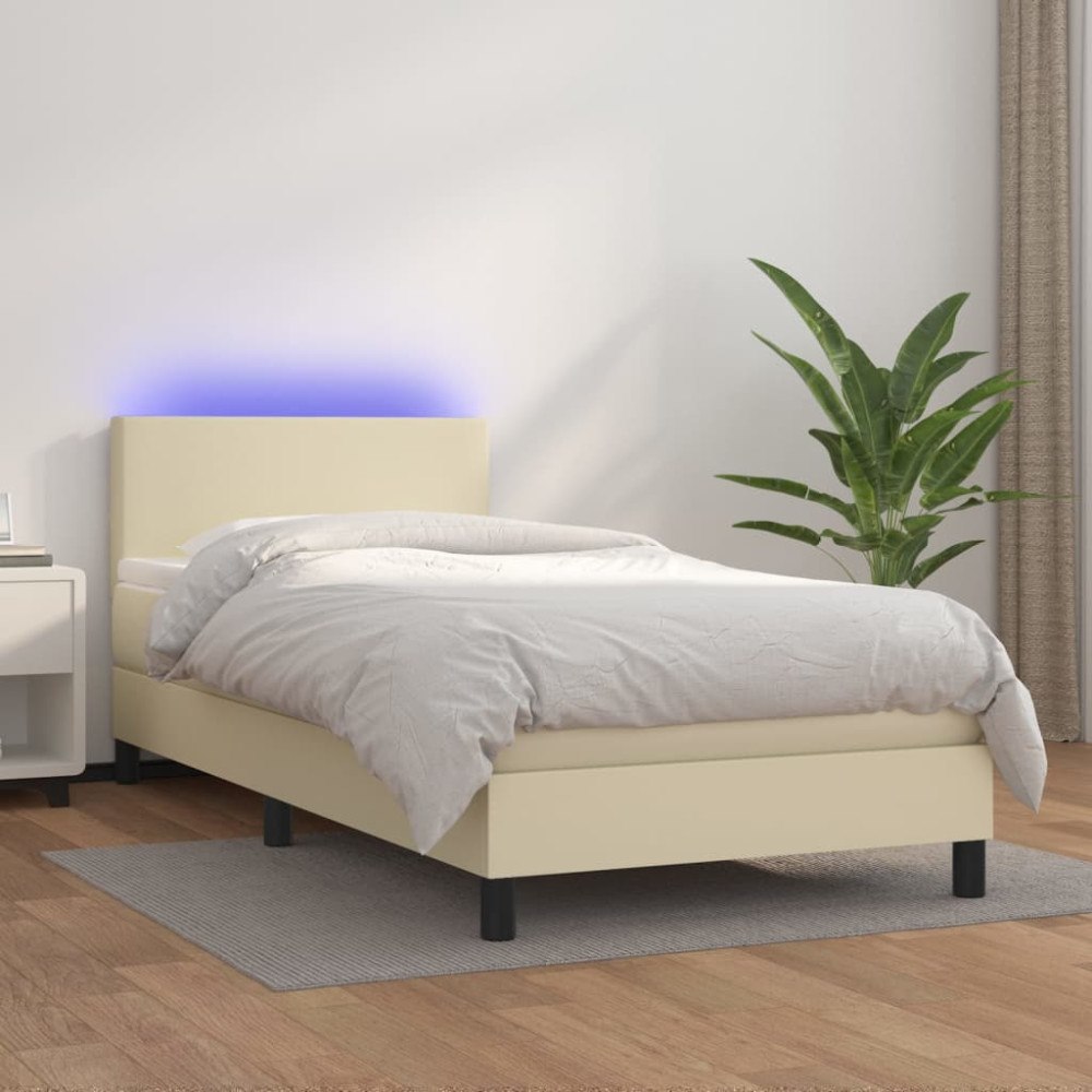 vidaXL Ramsäng med madrass & LED gräddvit 100x200 cm konstläder
