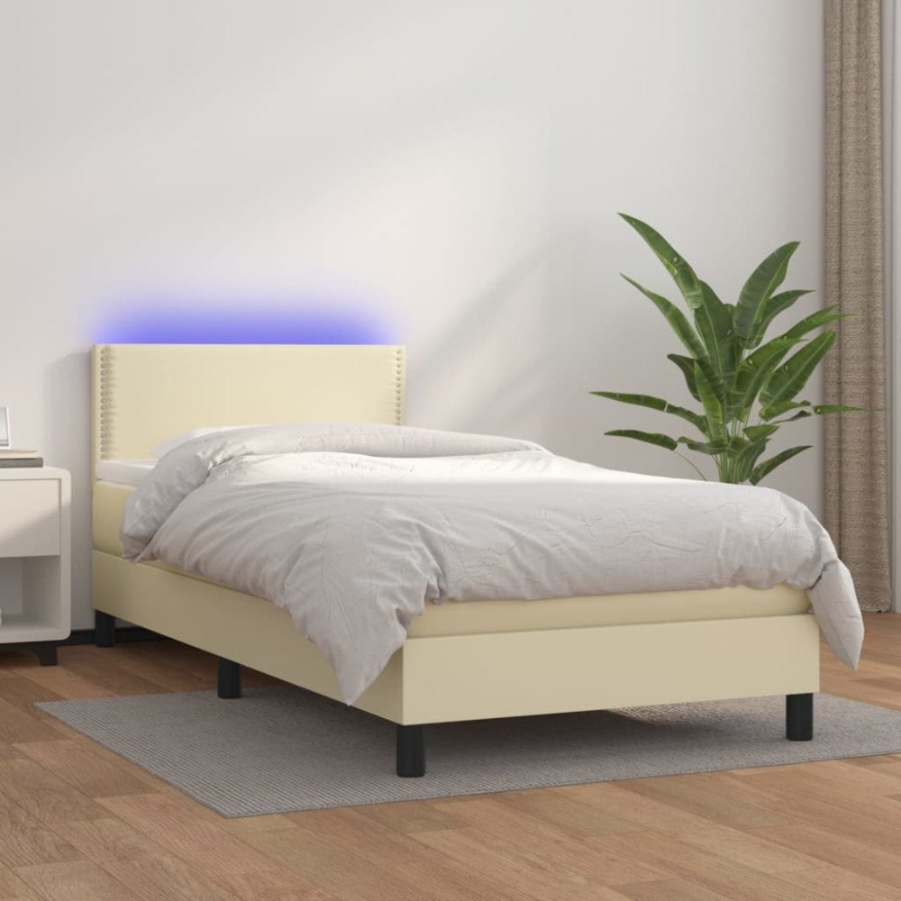 vidaXL Ramsäng med madrass & LED gräddvit 100x200 cm konstläder