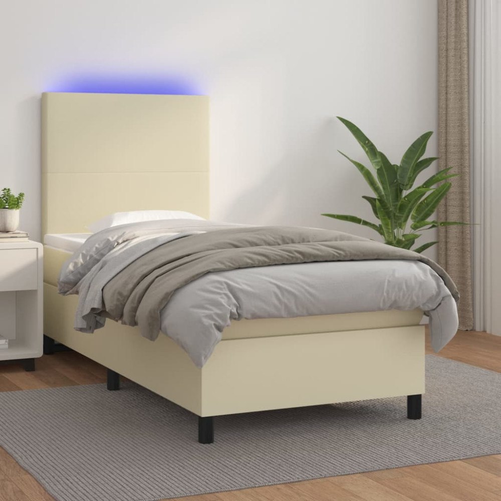 vidaXL Ramsäng med madrass & LED gräddvit 90x200 cm konstläder