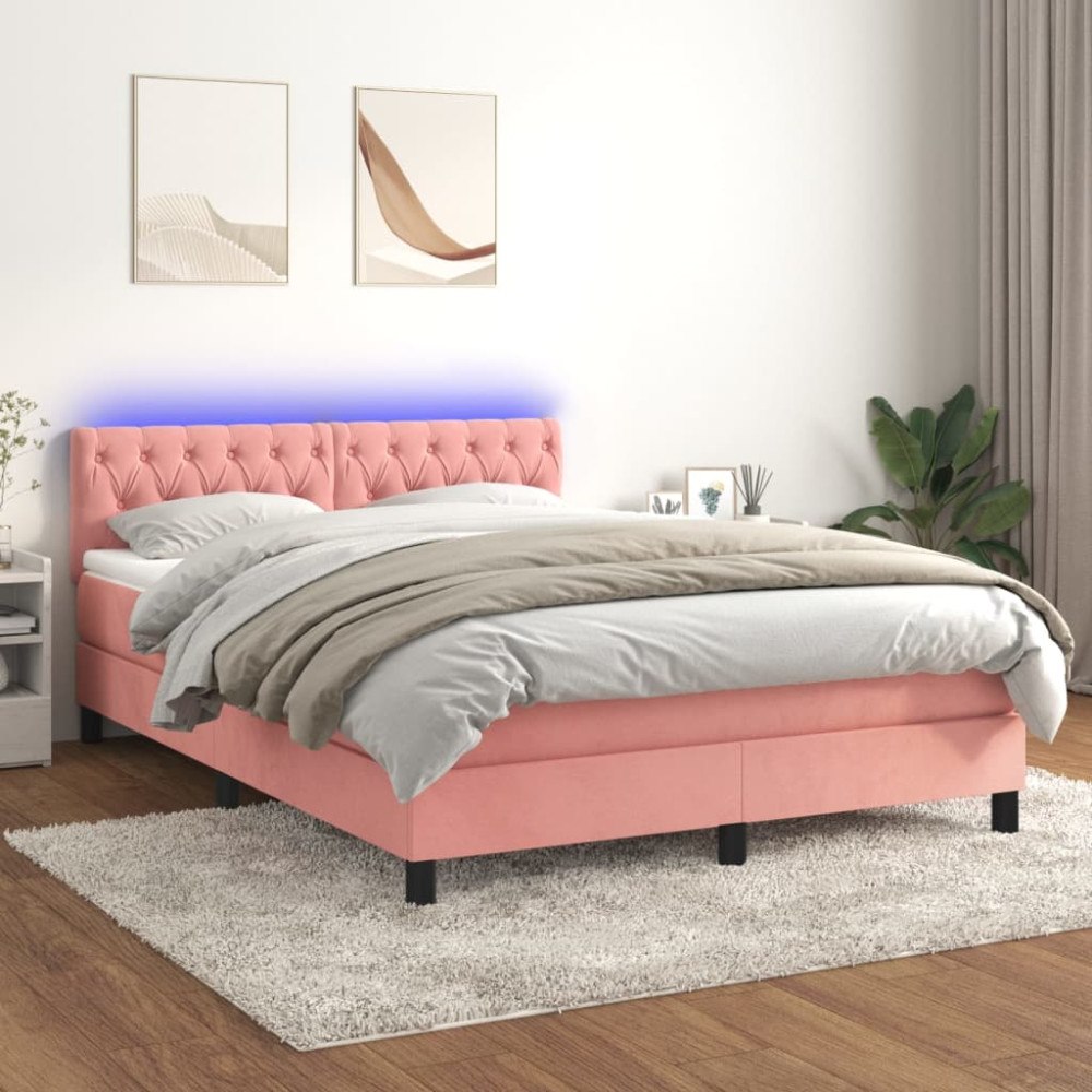 vidaXL Ramsäng med madrass & LED rosa 140x200 cm sammet