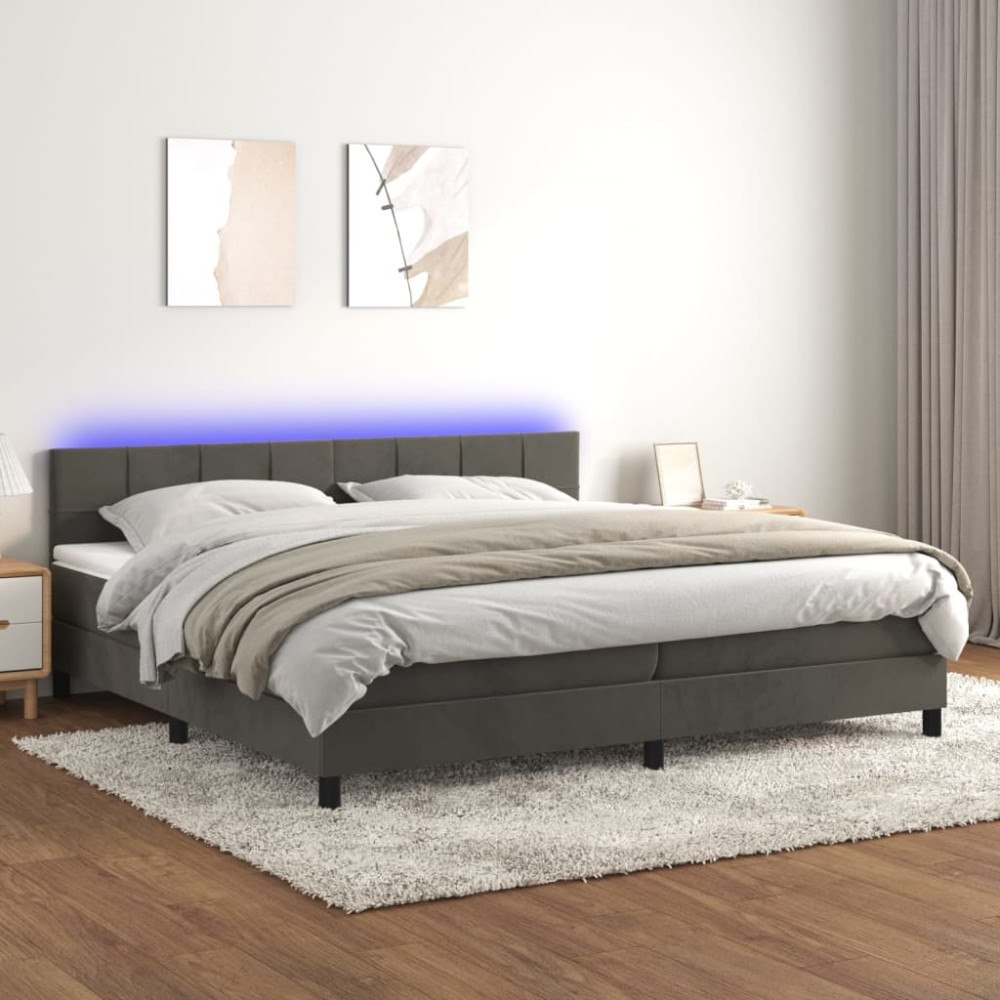 vidaXL Resårsäng med madrass och LED mörkgrå 200x200 cm sammet