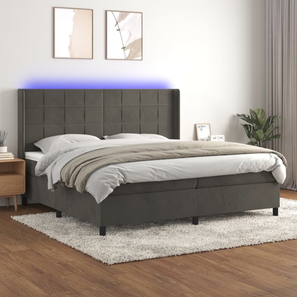 vidaXL Ramsäng med madrass & LED mörkgrå 200x200 cm sammet