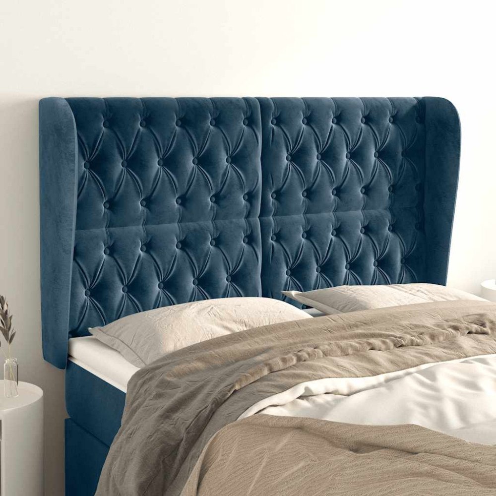 vidaXL Sänggavel med kanter mörkblå 147x23x118/128 cm sammet