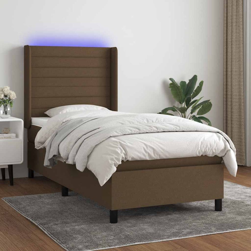 vidaXL Ramsäng med madrass & LED mörkbrun 90x200 cm tyg