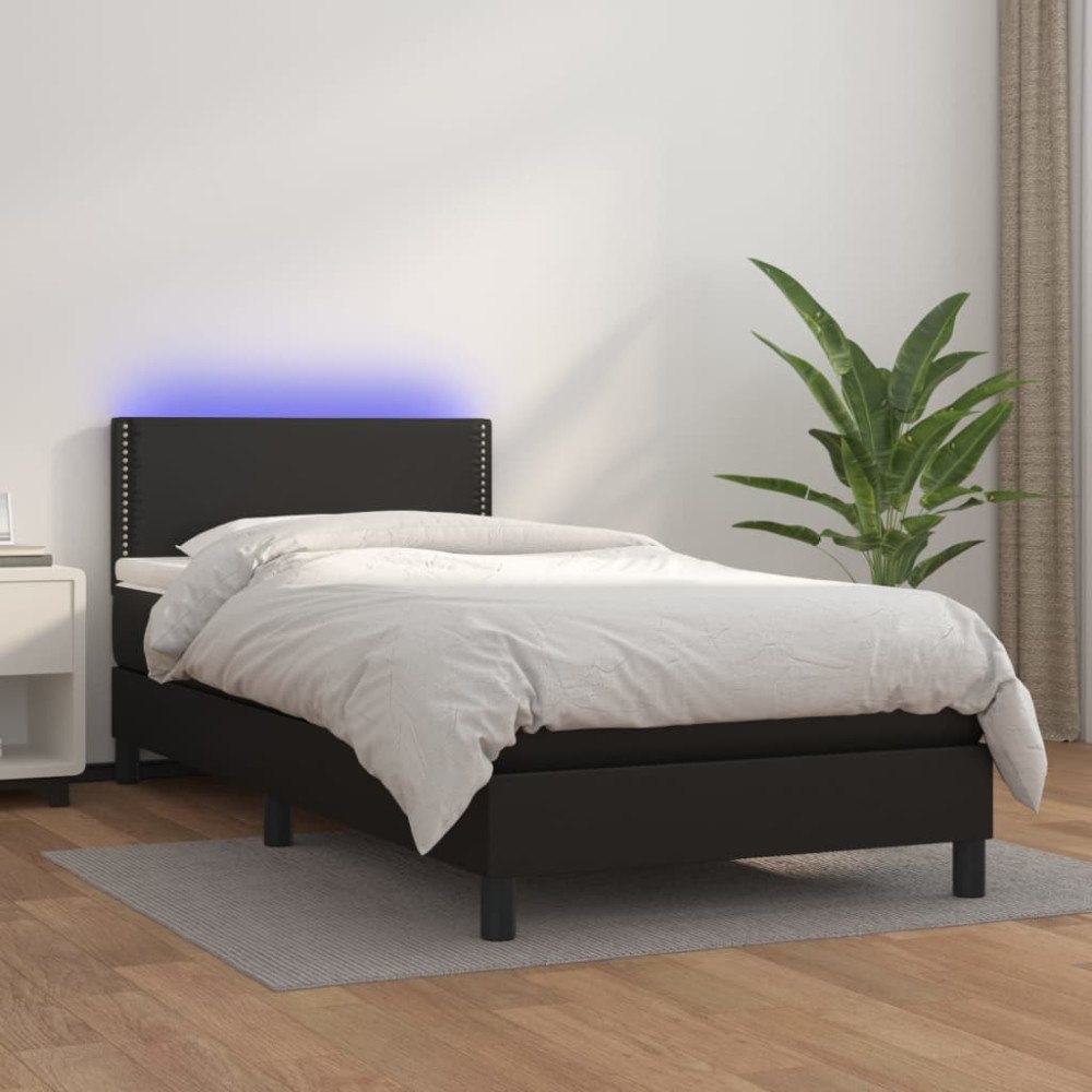 vidaXL Ramsäng med madrass & LED svart 90x190 cm konstläder