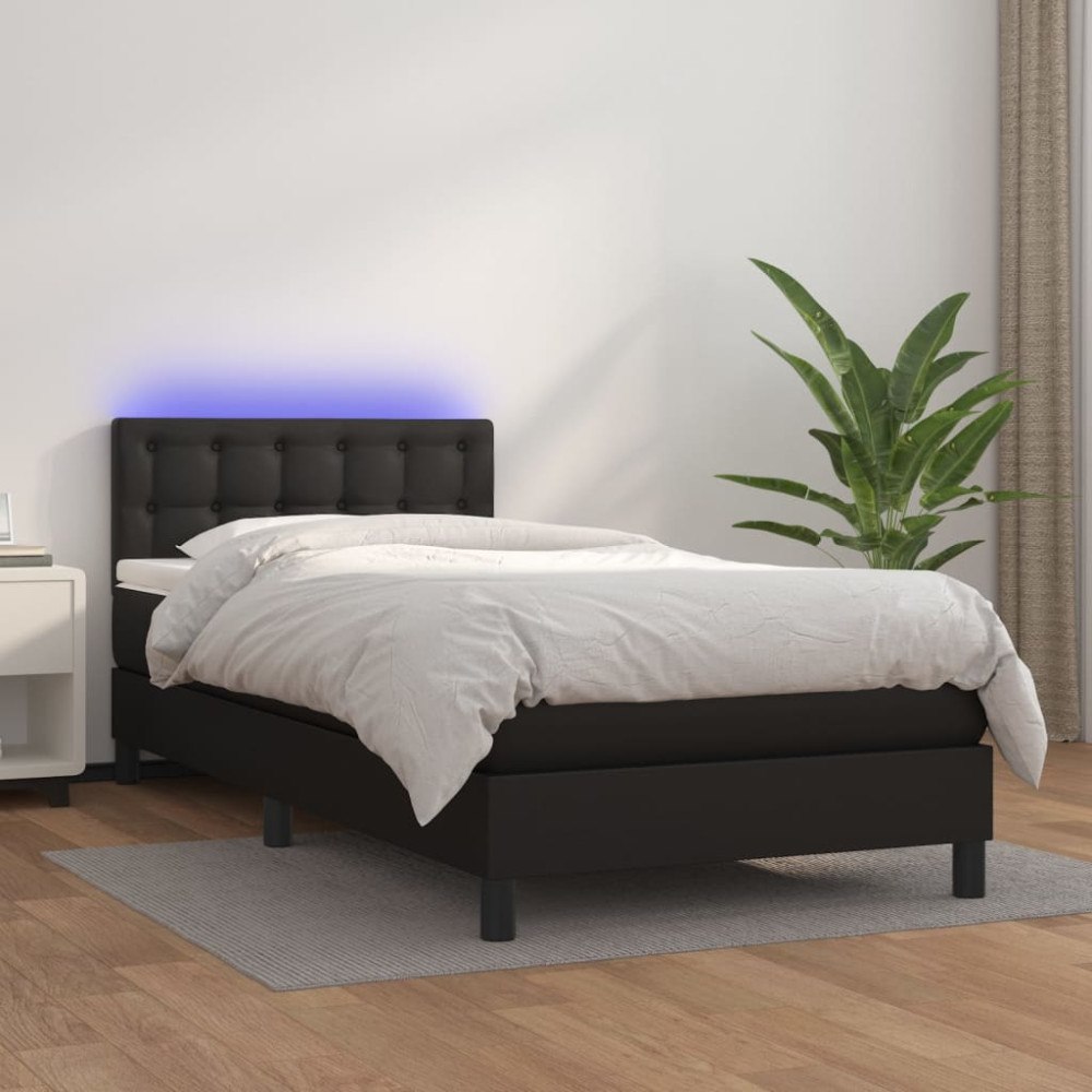 vidaXL Ramsäng med madrass & LED svart 90x190 cm konstläder
