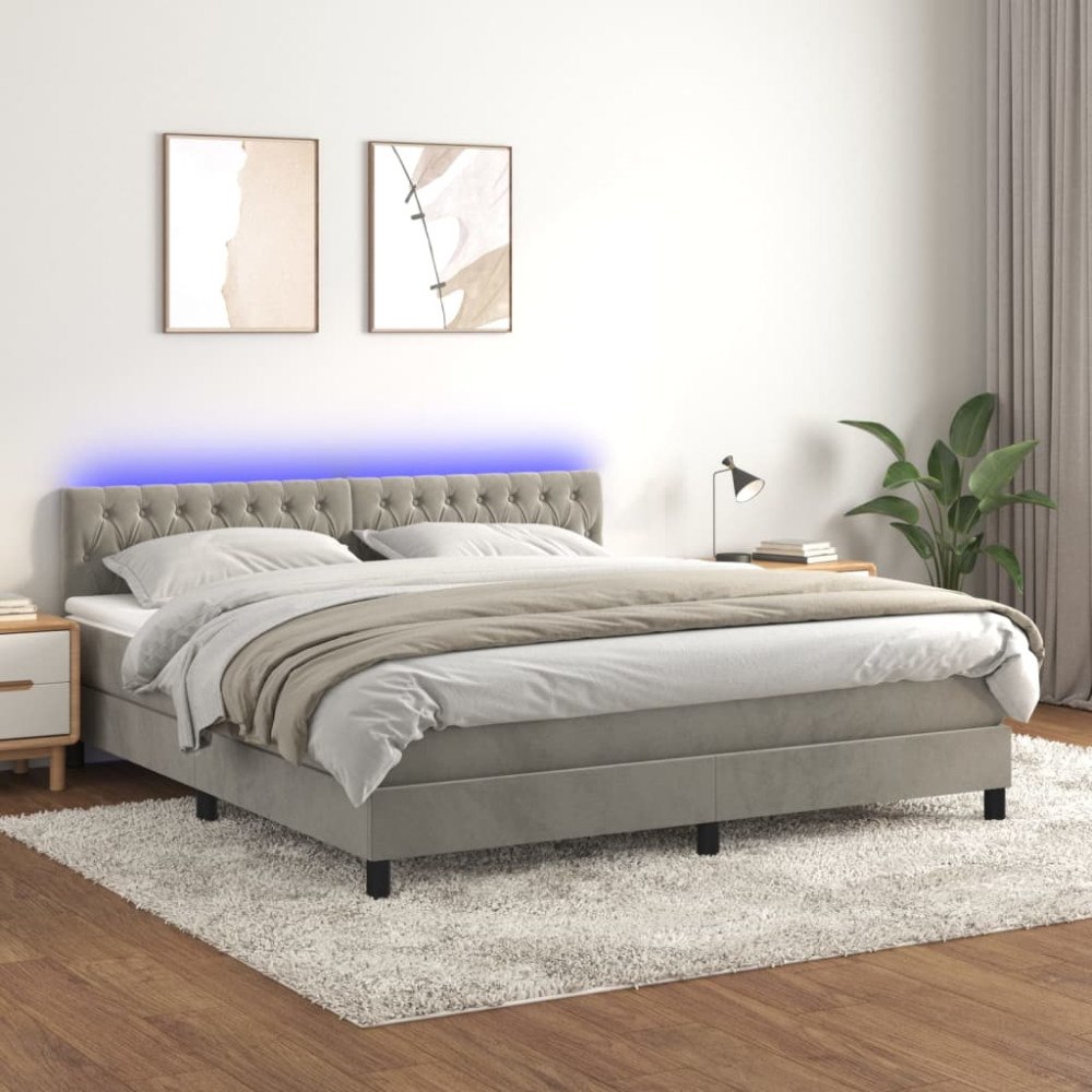 vidaXL Resårsäng med madrass och LED ljusgrå 180x200 cm sammet