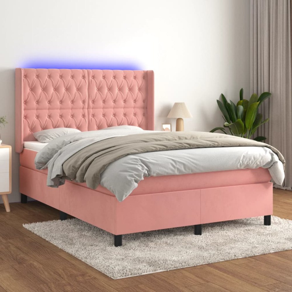 vidaXL Ramsäng med madrass rosa & LED 140x200 cm sammet