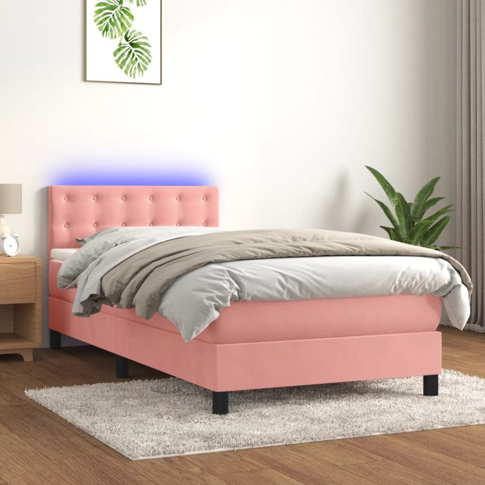 vidaXL Ramsäng med madrass & LED rosa 90x200 cm sammet