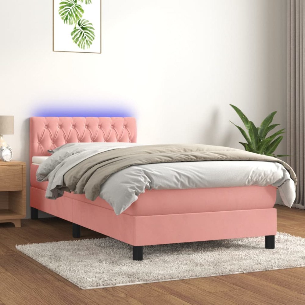 vidaXL Ramsäng med madrass & LED rosa 90x200 cm sammet