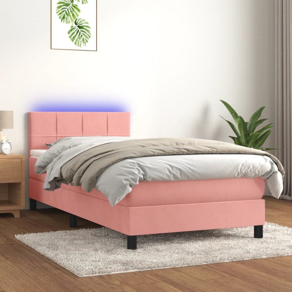 vidaXL Ramsäng med madrass & LED rosa 90x200 cm sammet