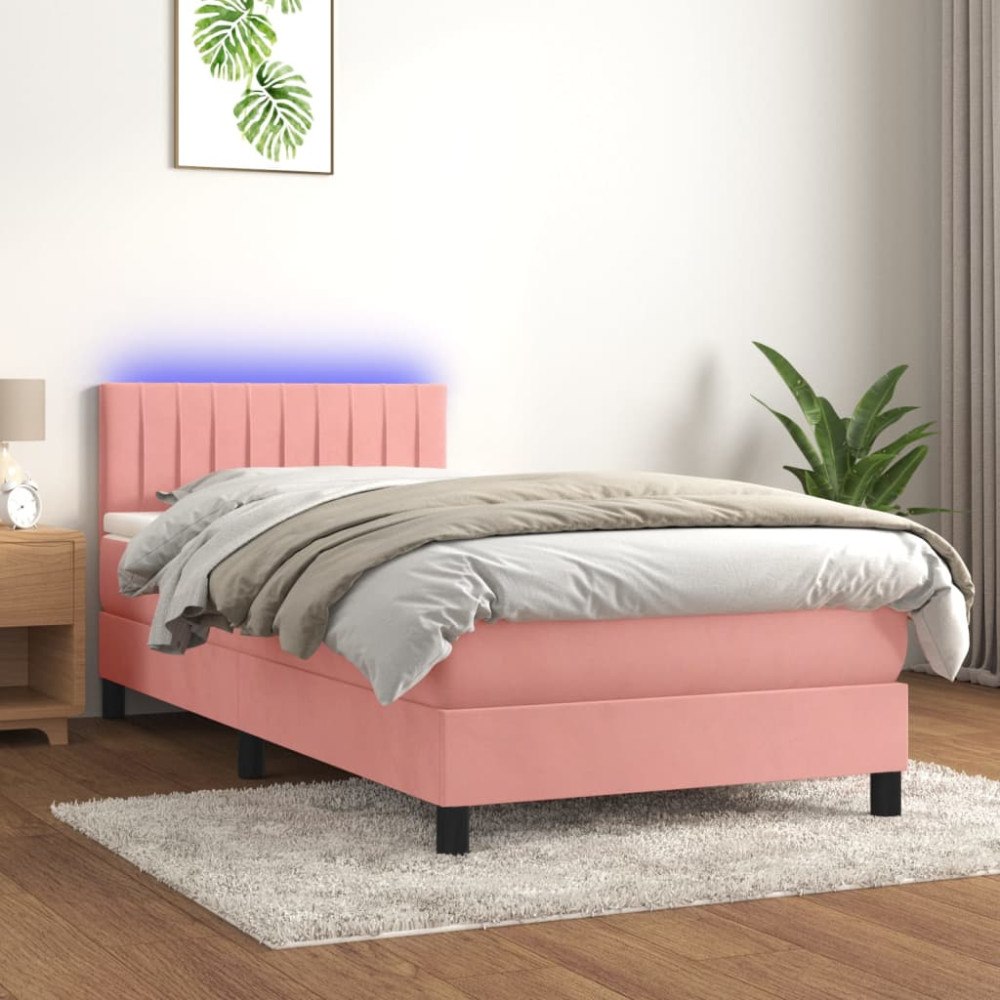 vidaXL Ramsäng med madrass & LED rosa 90x200 cm sammet