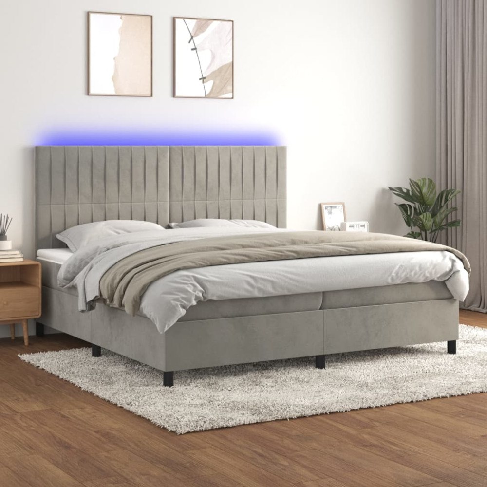 vidaXL Ramsäng med madrass & LED ljusgrå 200x200 cm sammet
