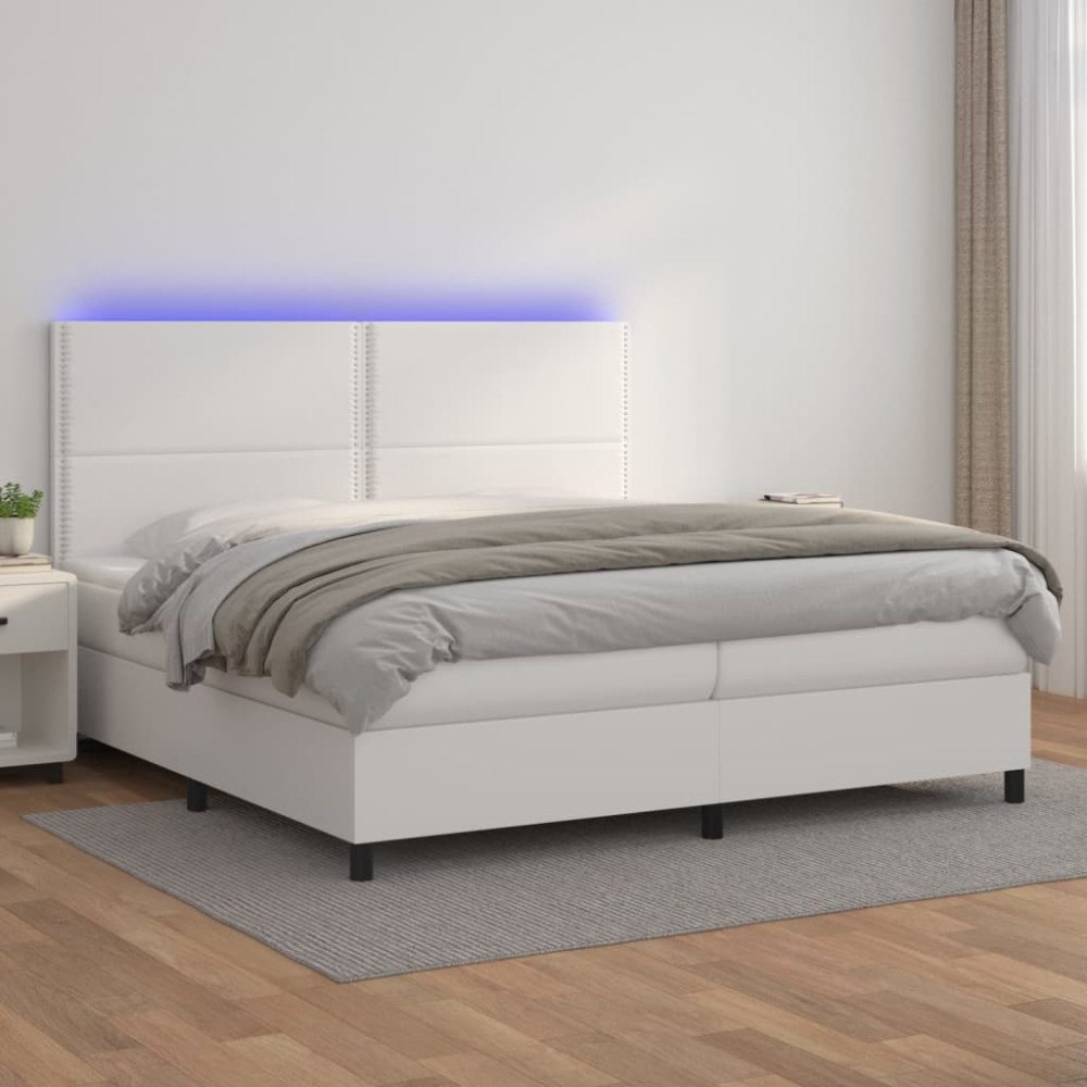 vidaXL Ramsäng med madrass & LED vit 200x200 cm konstläder