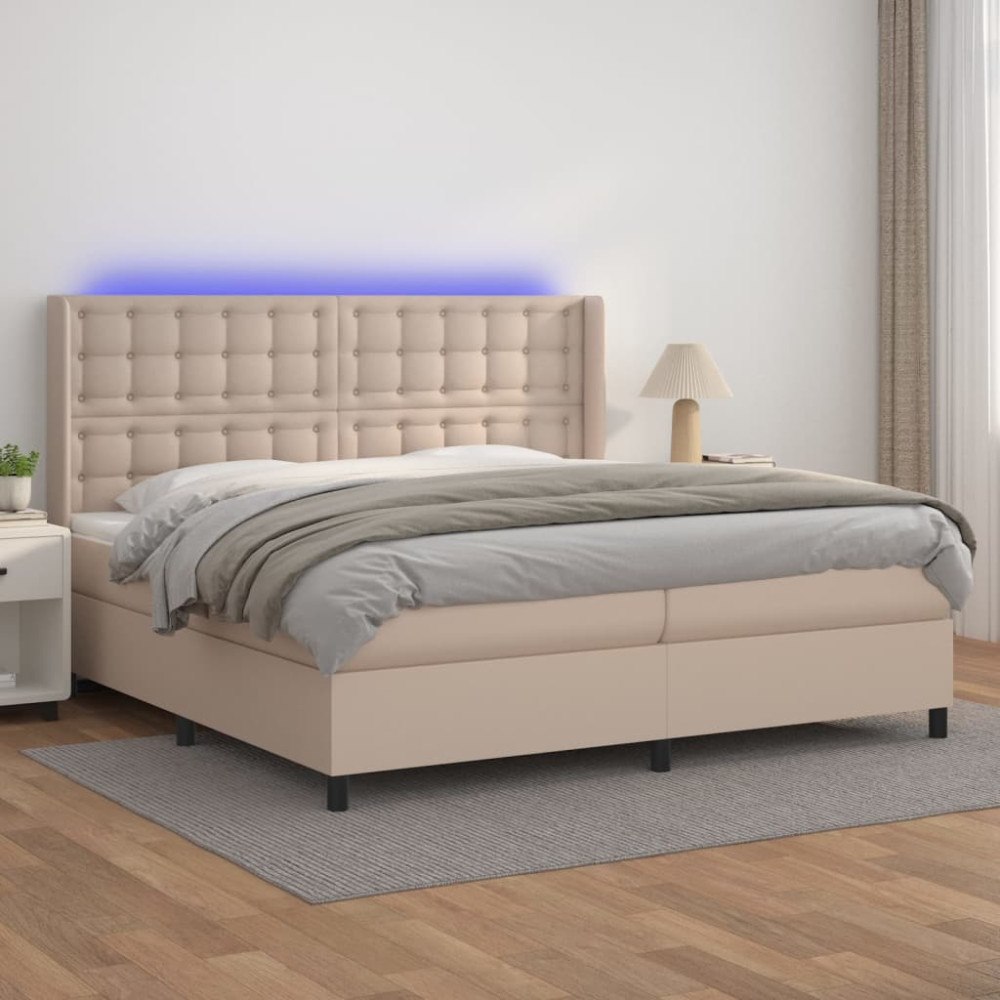 vidaXL Ramsäng med bäddmadrass & LED cappuccino 200x200 cm konstläder