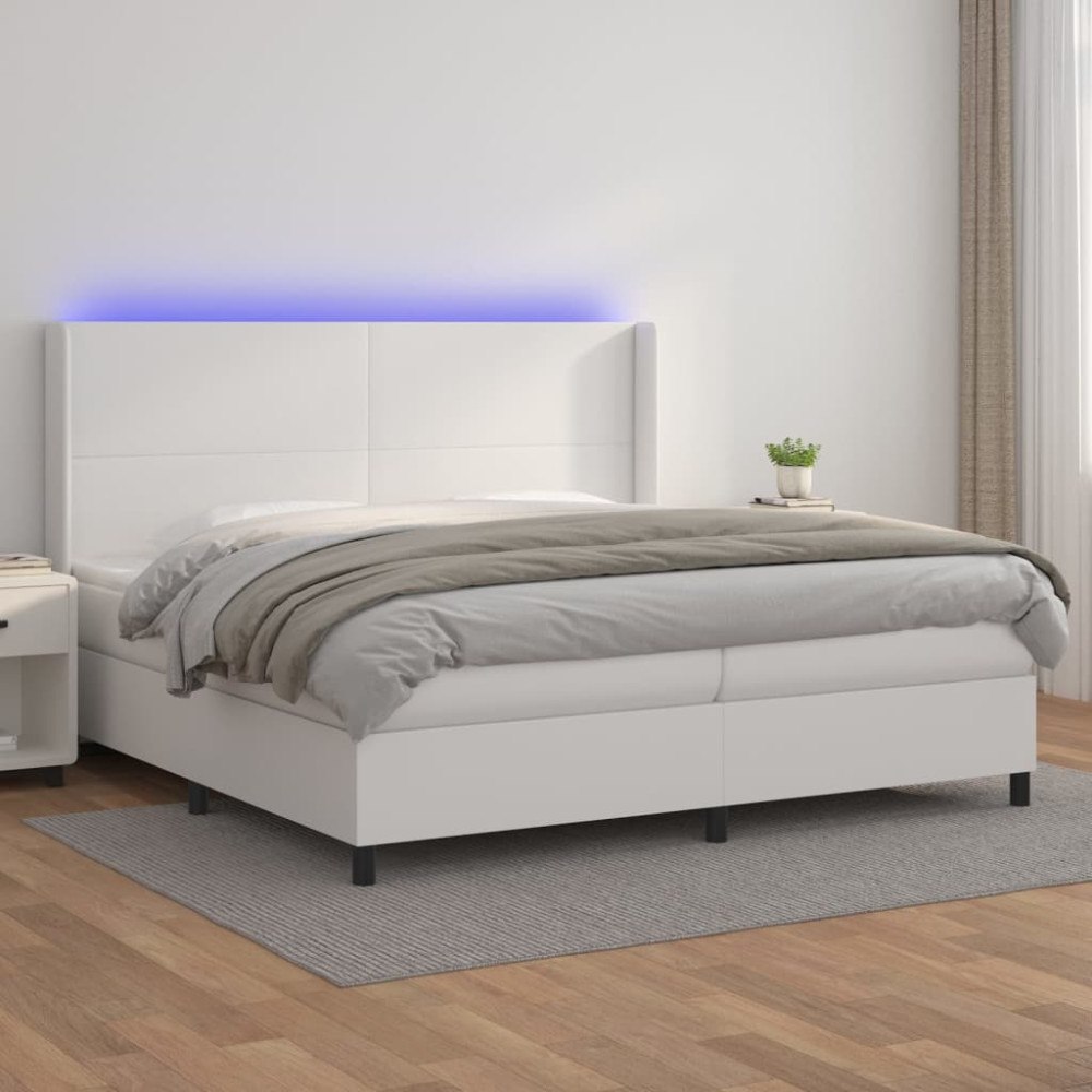 vidaXL Ramsäng med madrass & LED vit 200x200 cm konstläder