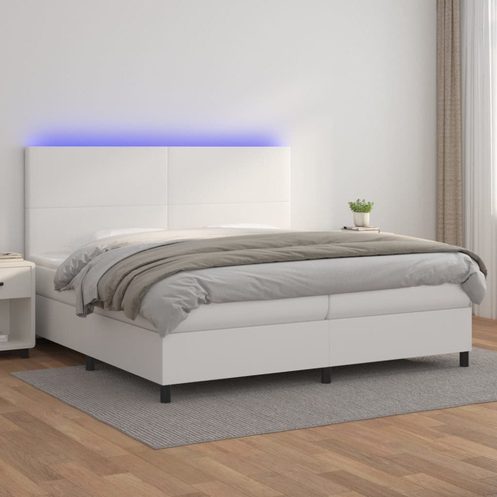 vidaXL Ramsäng med madrass & LED vit 200x200 cm konstläder