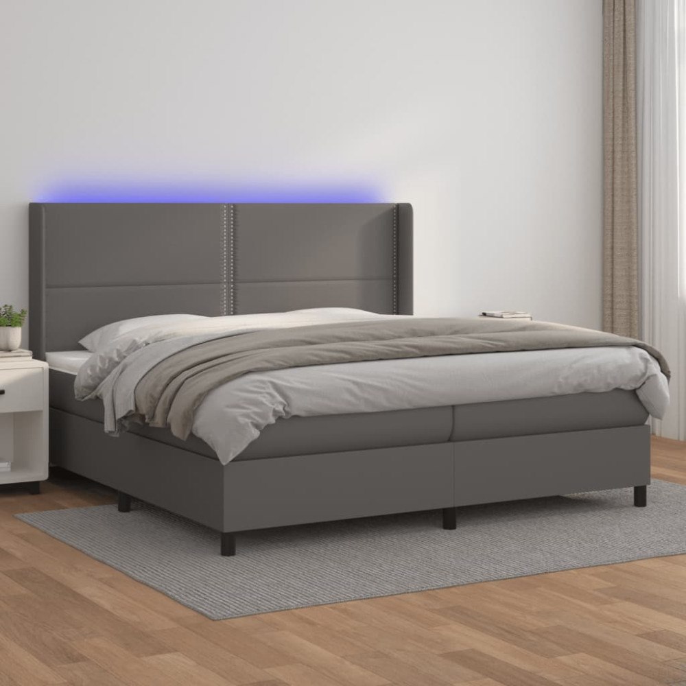 vidaXL Ramsäng med madrass & LED grå 200x200 cm konstläder