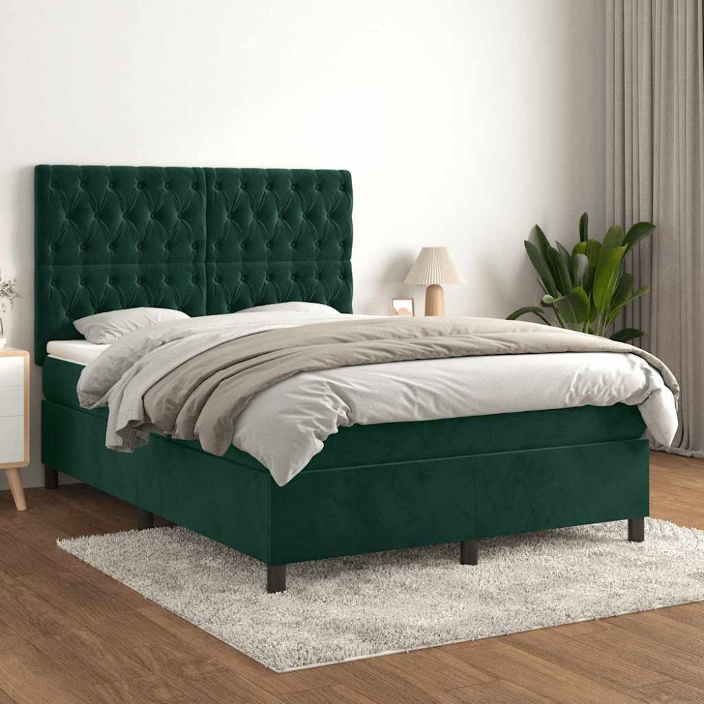 vidaXL Ramsäng med madrass mörkgrön 140x190 cm sammet