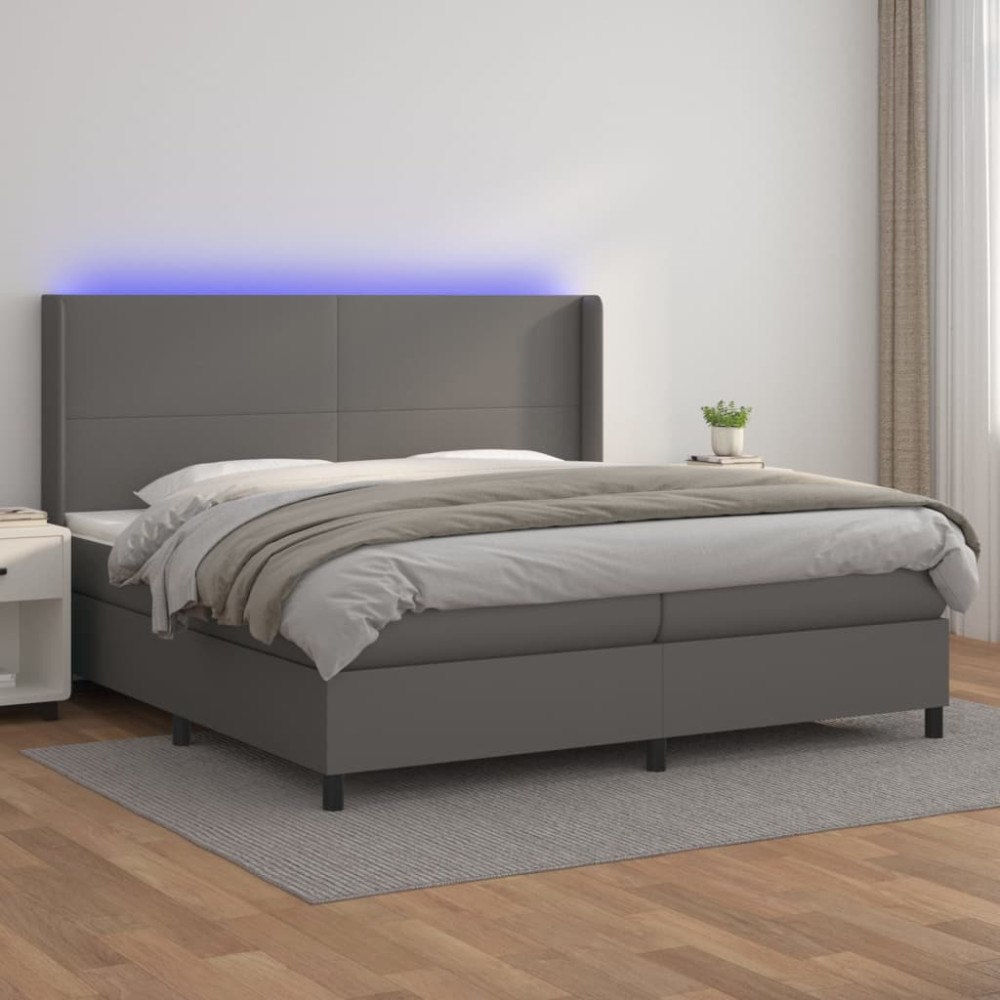 vidaXL Ramsäng med madrass & LED grå 200x200 cm konstläder