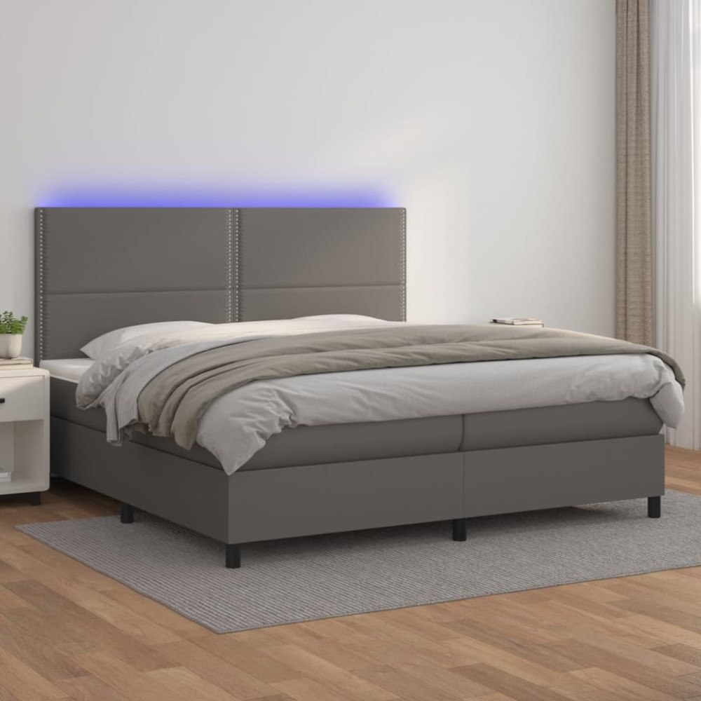 vidaXL Ramsäng med madrass & LED grå 200x200 cm konstläder