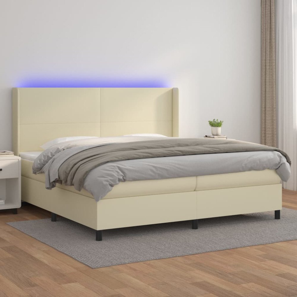 vidaXL Ramsäng med madrass & LED gräddvit 200x200 cm konstläder