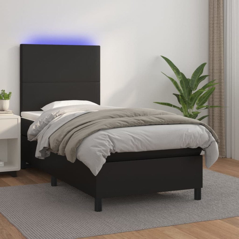 vidaXL Ramsäng med madrass & LED svart 90x200 cm konstläder