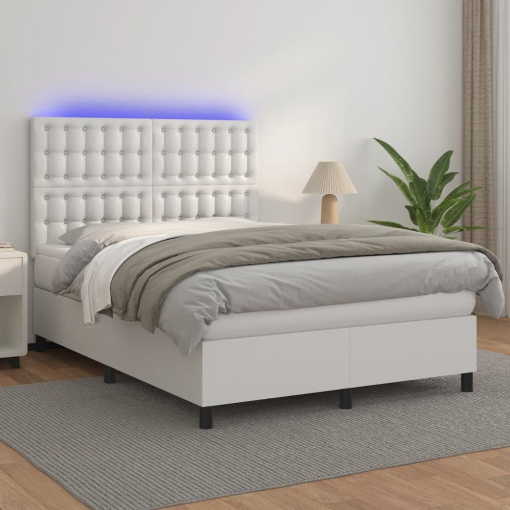 vidaXL Ramsäng med madrass & LED vit 140x200 cm konstläder