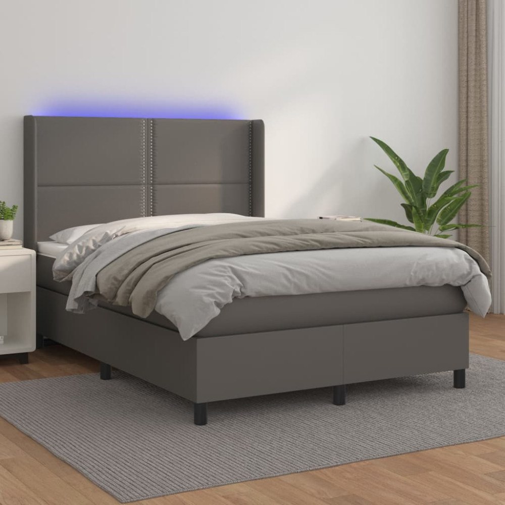 vidaXL Ramsäng med madrass & LED grå 140x200 cm konstläder