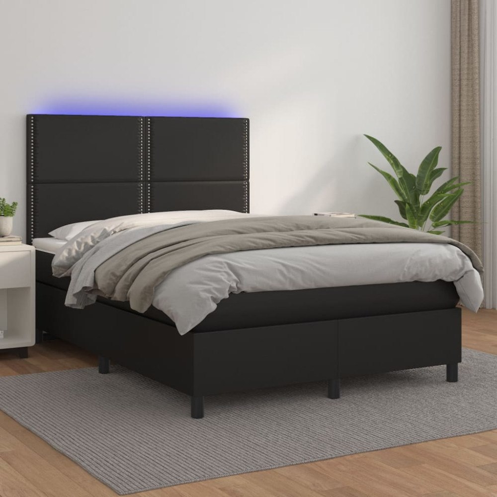 vidaXL Ramsäng med madrass & LED svart 140x200 cm konstläder