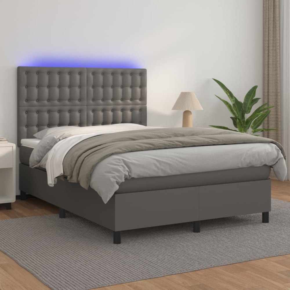 vidaXL Ramsäng med madrass & LED grå 140x200 cm konstläder