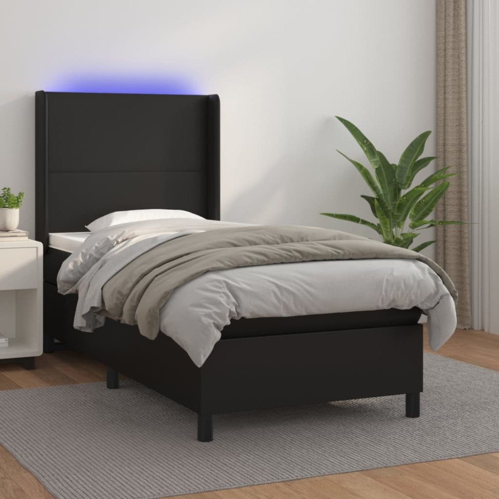 vidaXL Ramsäng med madrass & LED svart 90x200 cm konstläder