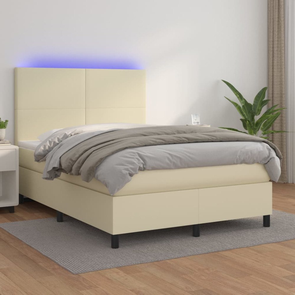 vidaXL Ramsäng med madrass & LED gräddvit 140x200 cm konstläder