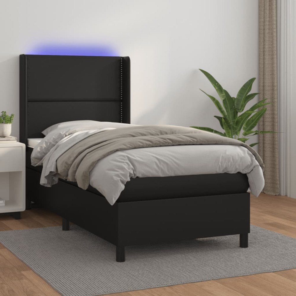 vidaXL Ramsäng med madrass & LED svart 90x200 cm konstläder
