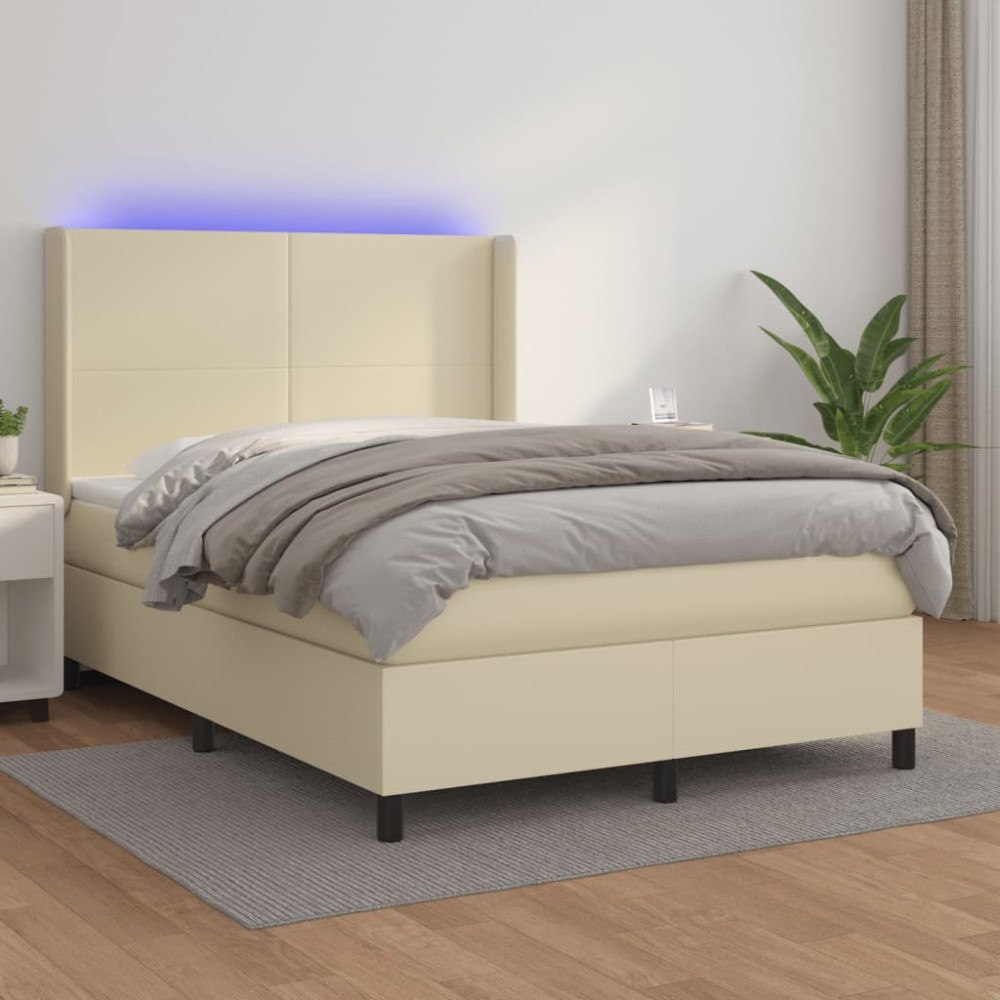 vidaXL Ramsäng med madrass & LED gräddvit 140x200 cm konstläder