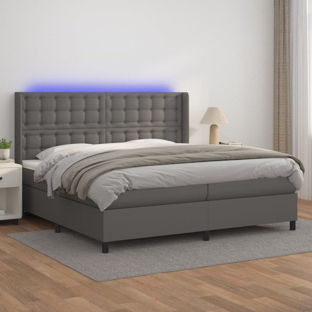 vidaXL Ramsäng med madrass & LED grå 200x200 cm konstläder