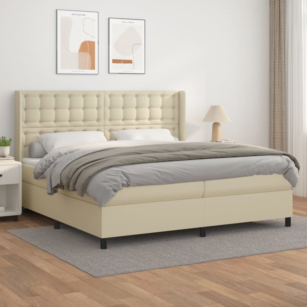 vidaXL Ramsäng med madrass gräddvit 200x200 cm konstläder