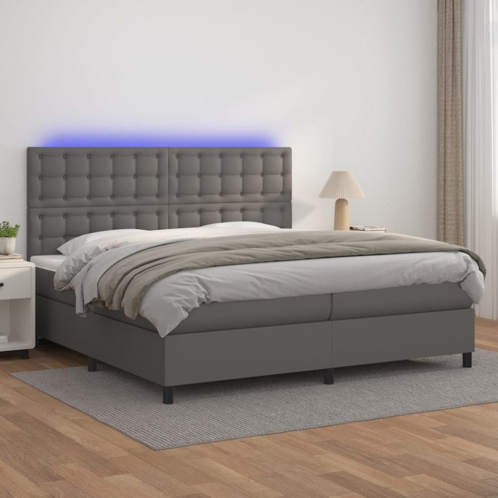 vidaXL Ramsäng med madrass & LED grå 200x200 cm konstläder