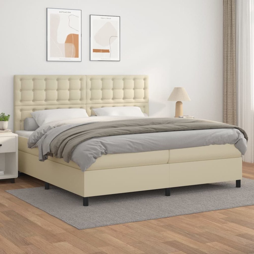 vidaXL Ramsäng med madrass gräddvit 200x200 cm konstläder