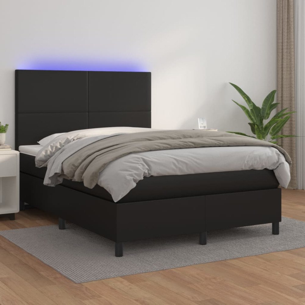 vidaXL Ramsäng med madrass & LED svart 140x200 cm konstläder
