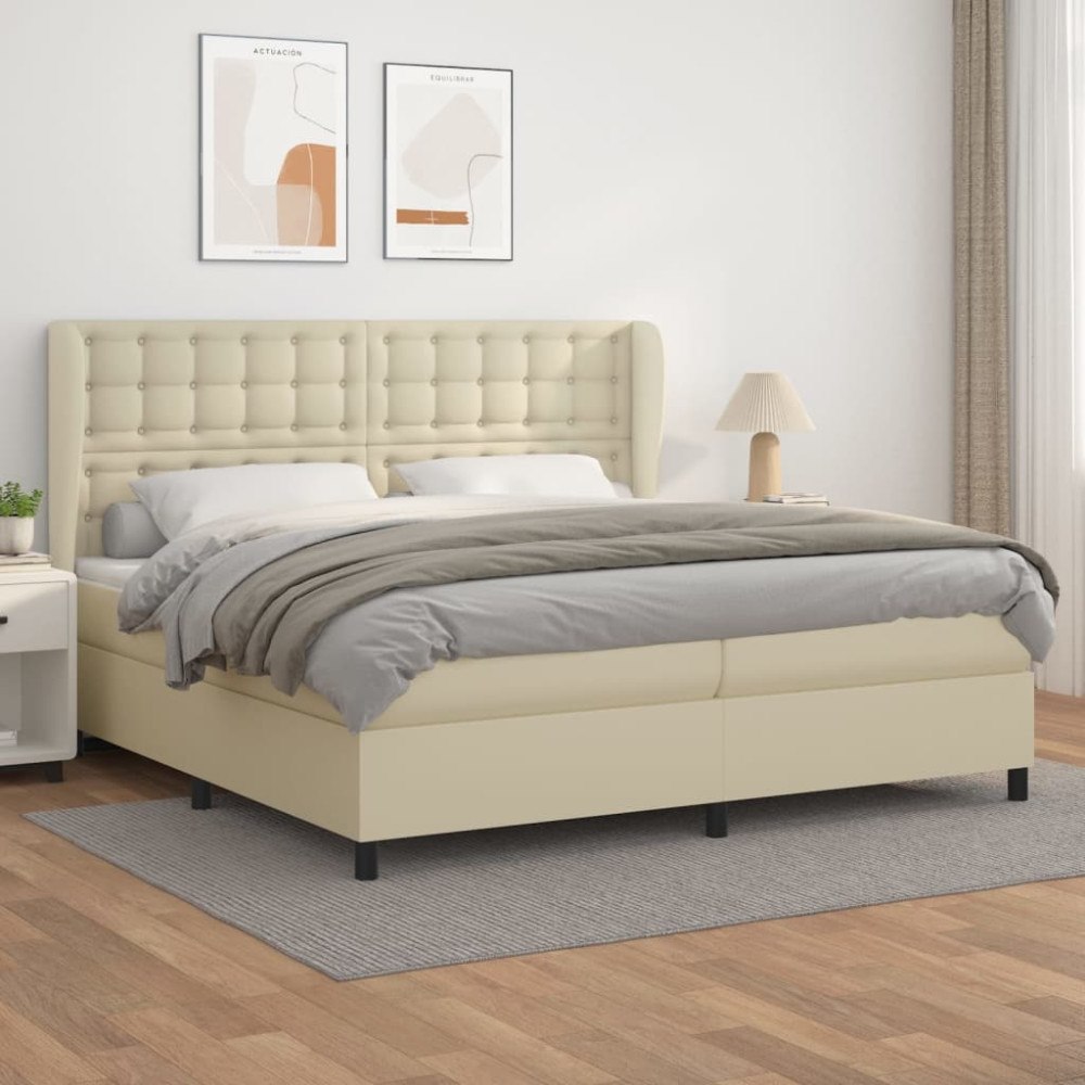vidaXL Ramsäng med madrass gräddvit 200x200 cm konstläder
